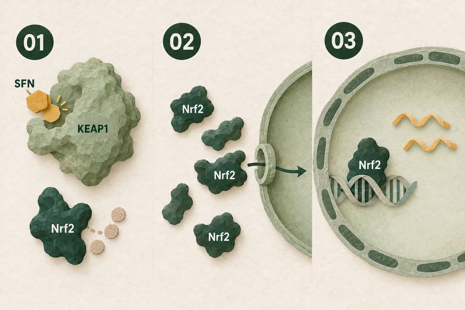 3階段示意圖展示蘿蔔硫素與KEAP1反應、Nrf2累積並進入細胞核,以及防禦基因調節