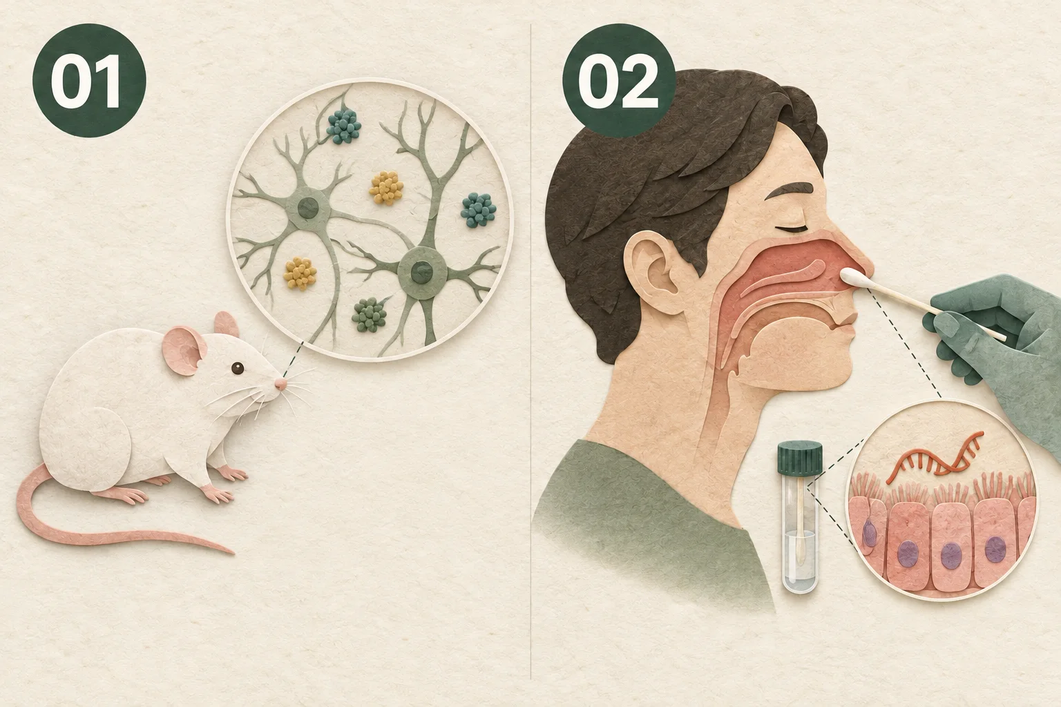 分開呈現間歇性低氧小鼠的海馬體研究,以及健康成人鼻黏膜基因研究的示意圖