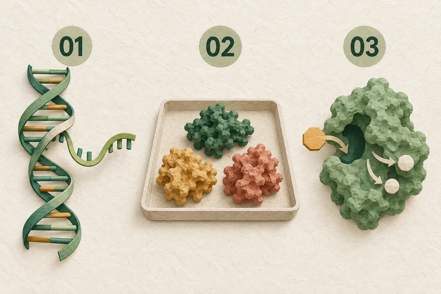 區分基因、RNA、酶蛋白及酶反應各階段的示意圖